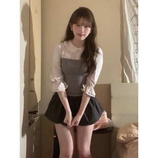 法式 甜美小个子学院风粉拼灰色假两件上衣搭配花苞半身裙两件套装