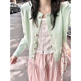 粉色长裙三件套装 早春小个子多巴胺甜美软糯针织开衫 内搭打底衫