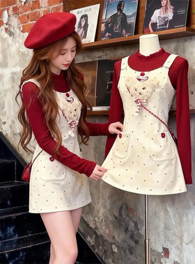 法式跨年圣诞甜心可爱小狗波点背心裙+红色针织长袖上衣两件套装