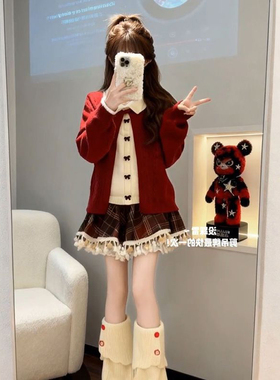 复古时髦新年红色圣诞假两件毛衣外套搭配流苏边格纹短裙两件套装