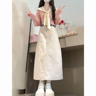 法式 高腰半身裙两件套装 学院风粉色长袖 杏色披肩 衬衫 2025早秋季