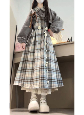 韩系甜美温柔格纹收腰显瘦背心连衣裙+蝴蝶结灰色短款上衣两件套