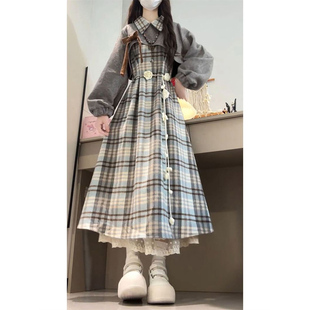 韩系甜美温柔格纹收腰显瘦背心连衣裙 上衣两件套 蝴蝶结灰色短款