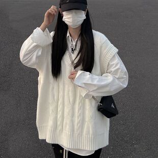 两件套装 早秋休闲学院风v领宽松麻花杏色背心马甲毛衣搭长袖 衬衫