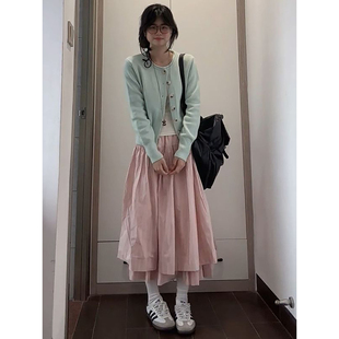 粉色半身裙三件套装 早春软糯多巴胺甜美少女针织开衫 内搭打底衫