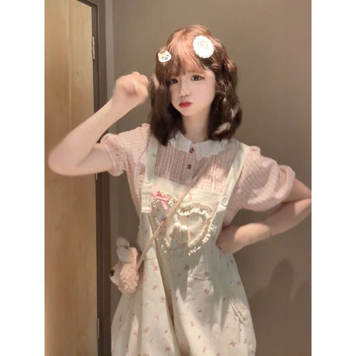 蝴蝶结背带卡通裤+粉色衬衫
