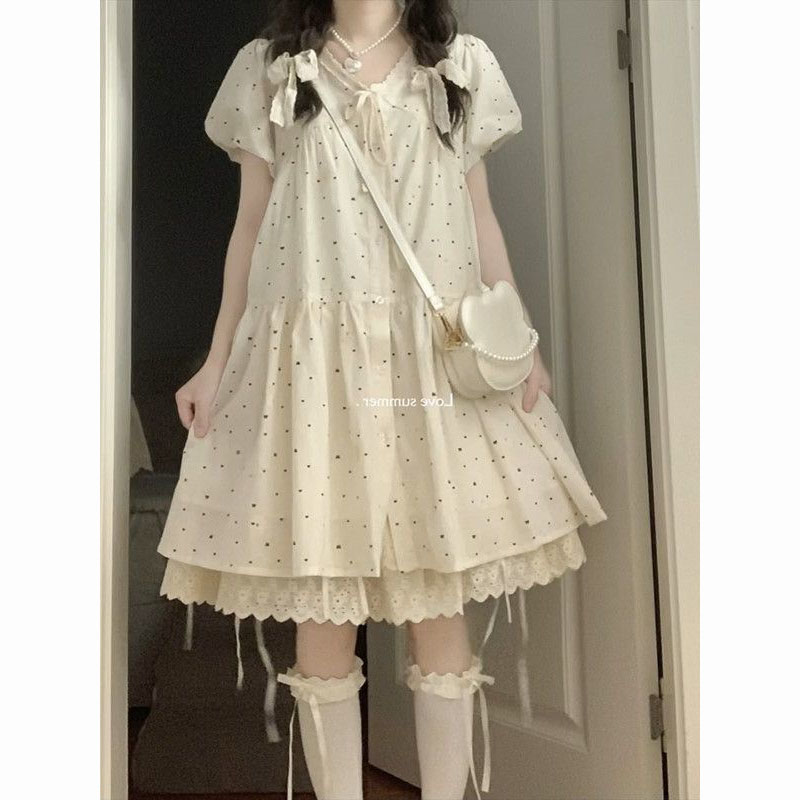 波点V领泡泡袖连衣短裙