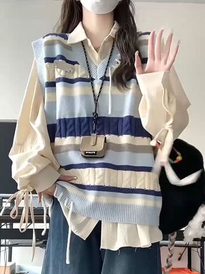 条纹撞色V领叠穿针织马甲背心