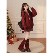 温柔小个子学院风格 子衬衫 格纹半身短裙 法式 红连帽毛衣三件套装