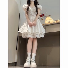 法式甜美风白色镂空花边拼接绣花连衣裙新款收腰显瘦初恋小白裙子