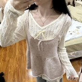 上衣两件套装 法式 镂空长袖 温柔甜美风粉色针织吊带背心马甲 新款