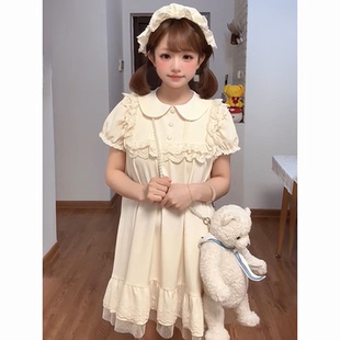 杏色连衣裙蓬蓬公主a字短裙 夏日温柔甜美风减龄少女娃娃领泡泡袖