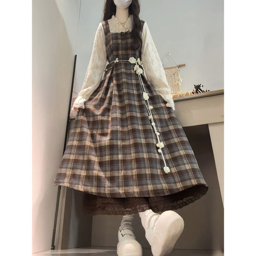 假两件格纹拼接连衣裙
