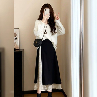 韩系温柔休闲气质感长袖 V领针织上衣搭配假两件半身长裙两件套装