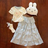 夏日甜美学院风格 T恤两件套装 纹多层蛋糕半身裙 侧面抽绳设计短袖