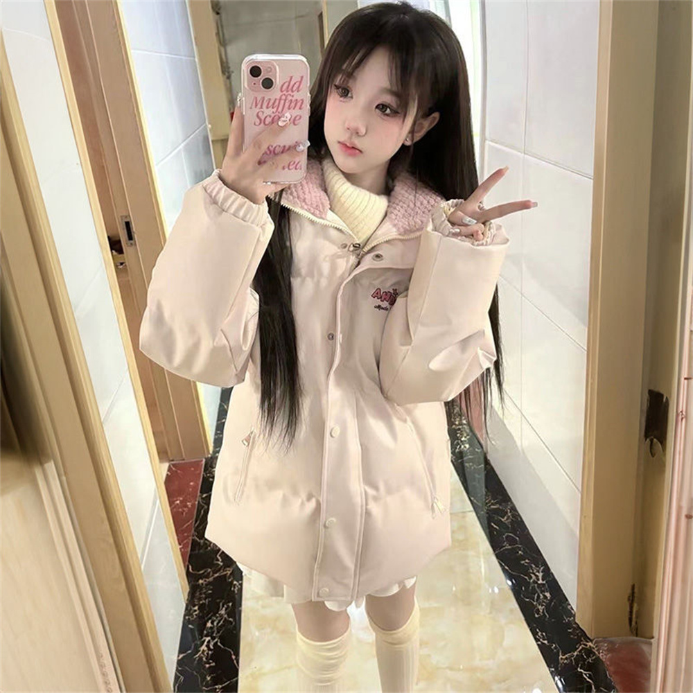 甜美粉色羊羔毛拼接PU皮棉服外套