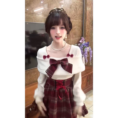 圣诞红格纹蝴蝶结连衣裙