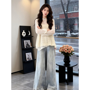 两件套装 搭配碎花打底上衣衫 温柔气质风宽松镂空背心针织罩衫 时尚