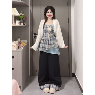 三件套装 新款 高腰阔腿裤 格纹吊带裙 温柔赫本高级感镂空针织罩衫