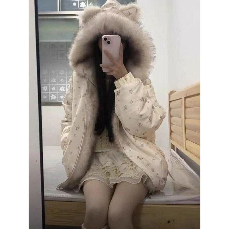 冬日时尚可爱小狗印花两面穿宽松毛毛领棉服暖和耳朵连帽棉袄外套,女装/女士精品,棉衣/棉服,淘宝优惠券,粉丝福利购,淘宝优惠卷