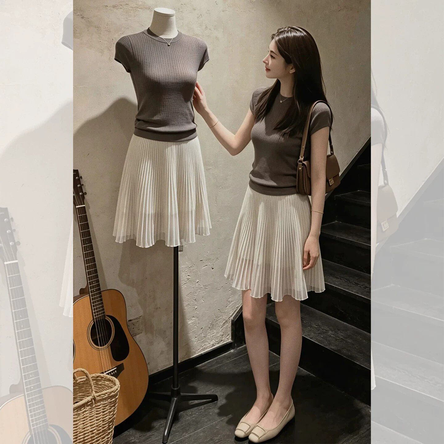 新款温柔休闲气质感灰色修身显瘦短袖上衣搭配条纹半身裙两件套装