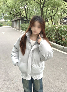 新款甜酷学院风浅灰色立领按扣设计感棉服新款女学生简约保暖棉衣