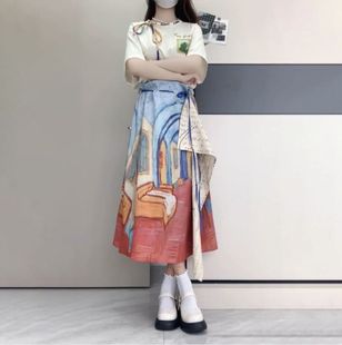 夏季 穿搭 一整套文艺梵高油画不规则半身裙搭配短袖 上衣女学生套装