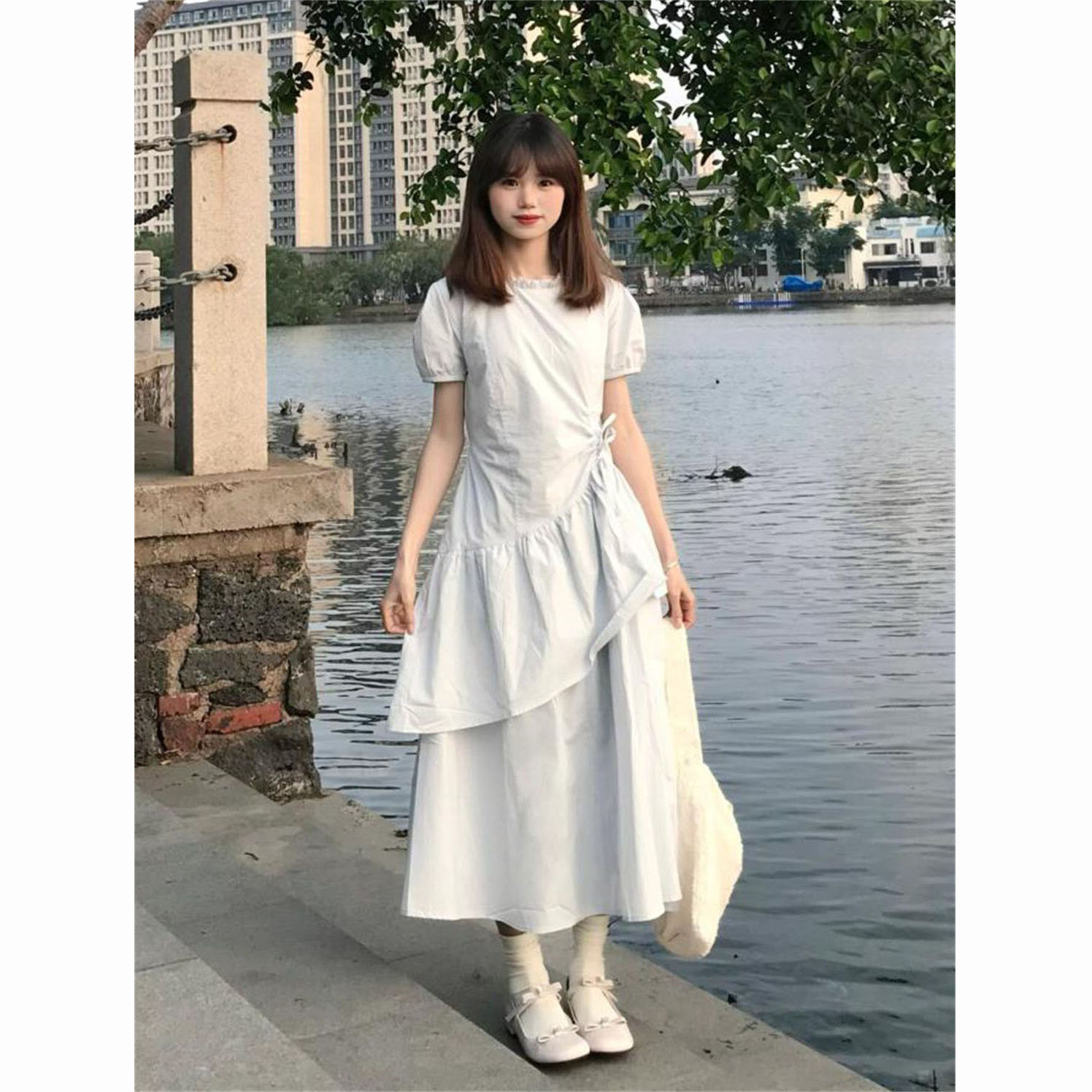 夏季甜美蓝色不规则假两件设计感抽绳连衣裙泡泡袖收腰显瘦长裙子