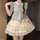 日系温柔甜美校园风小个子高腰蛋糕短裙搭配娃娃领短袖 衬衫 两件套