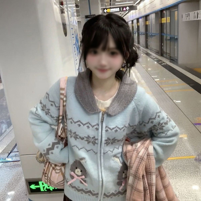 提花可爱兔子蓝色针织毛衣