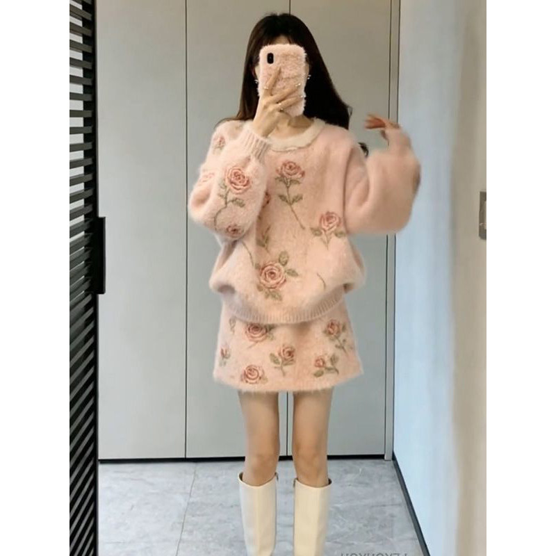 法式千金风温柔玫瑰毛绒软糯长袖套头毛衣+针织半身短裙两件套装,女装/女士精品,时尚套装,淘宝优惠券,粉丝福利购,淘宝优惠卷
