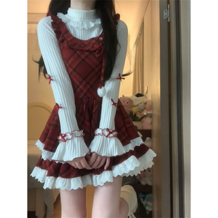 法式温柔甜美减龄可爱复古红格纹背心连衣裙叠穿针织打底两件套装
