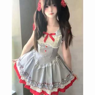 蓝格纹连衣裙红撞蓝色蕾丝蓬蓬短裙子 夏日甜美少女风娃娃领小飞袖