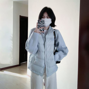 冬季时尚拼接针织袖子蓝色轻薄保暖棉服女学生休闲慵懒高级感外套