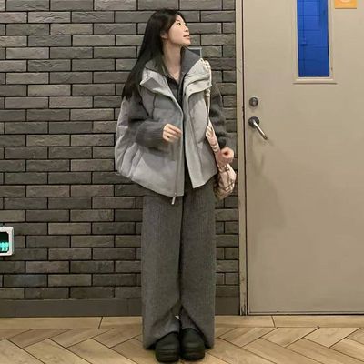 马甲棉服+灰色毛衣开衫