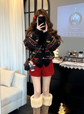 冬日复古软糯圣诞氛围感费尔岛毛衣开衫女宽松加厚慵懒针织衫外套