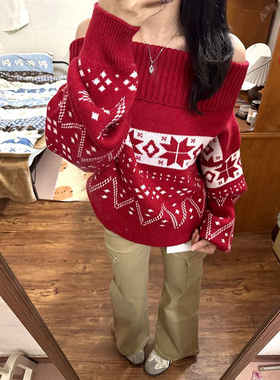 秋冬季圣诞绝美感费尔岛红色一字肩针织毛衣女宽松休闲露肩上衣衫