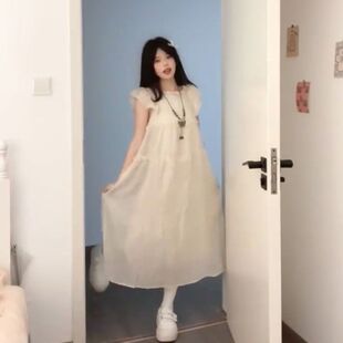蕾丝立领连衣裙女学生夏季 韩系甜美少女学院风飞飞袖 宽松显瘦长裙