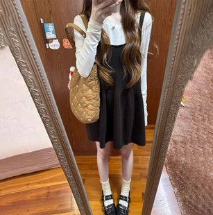 韩式时尚甜美减龄感纯色针织吊带背心裙叠穿长袖打底上衣两件套装