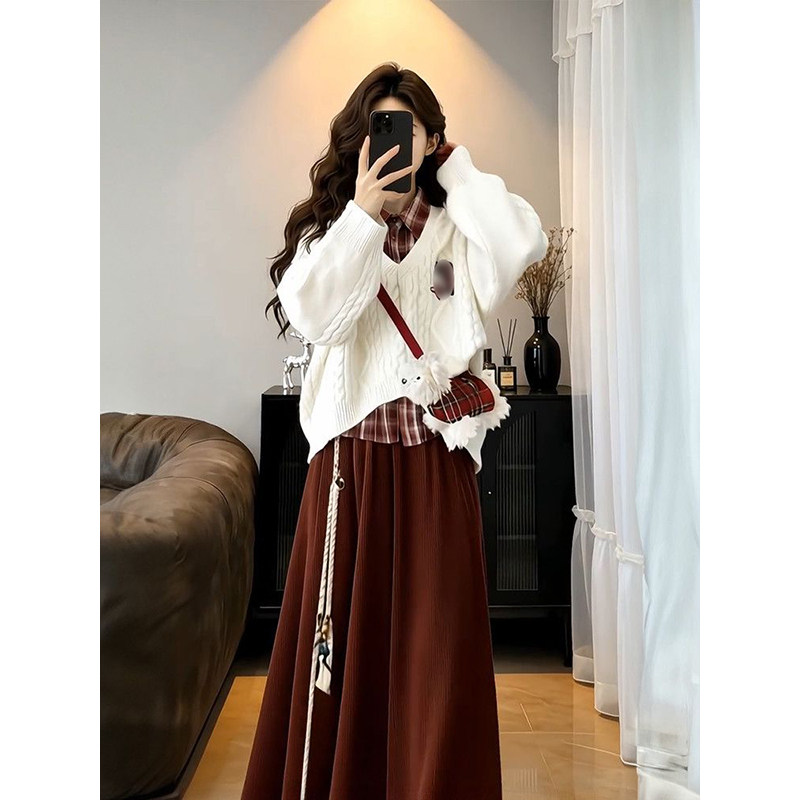 法式温柔白月光学院ins风格纹衬衫+麻花毛衣+高腰半身裙三件套装,女装/女士精品,时尚套装,淘宝优惠券,粉丝福利购,淘宝优惠卷