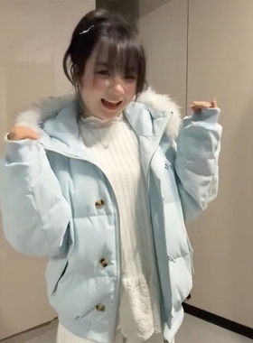 法式甜美学院风蓝色连帽毛领棉服女学生冬日新款百搭宽松保暖棉衣