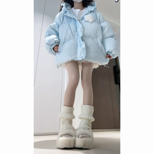 新款2025冬季蓝白花边云朵连帽设计感棉服女保暖多巴胺面包服外套