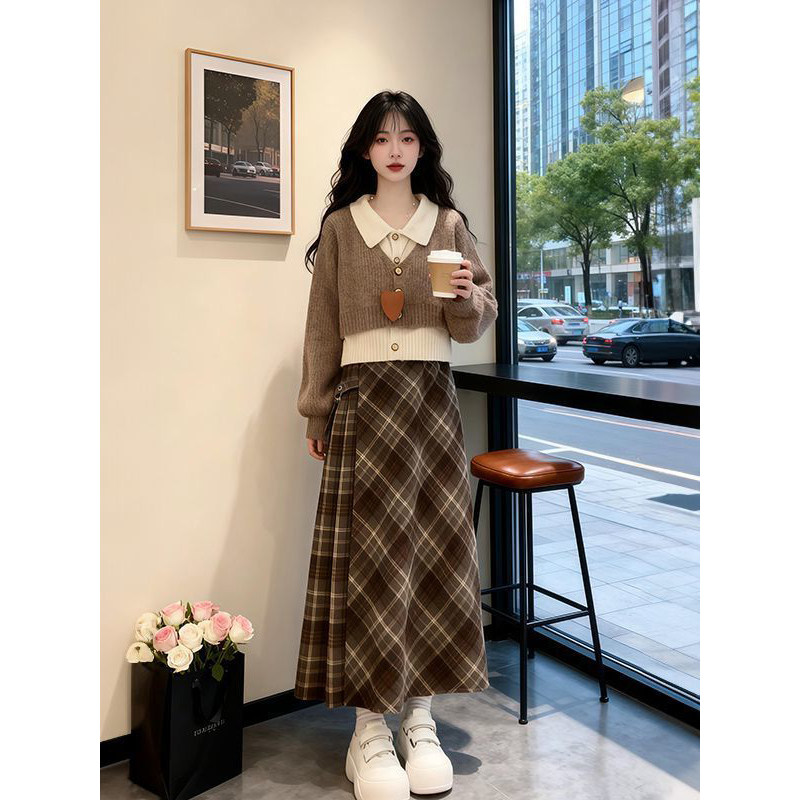 韩系复古温柔学院风假两件针织毛衣搭配高腰格纹半身长裙两件套装,女装/女士精品,时尚套装,淘宝优惠券,粉丝福利购,淘宝优惠卷