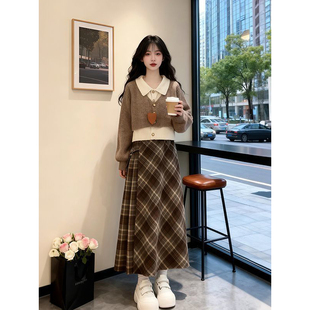 韩系复古温柔学院风假两件针织毛衣搭配高腰格纹半身长裙两件套装