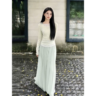 浅绿网纱长裙两件套装 法式 清新ins少女风穿搭假两件蕾丝拼接上衣