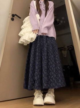 韩系气质温柔风紫色蝴蝶结系带针织毛衣开衫搭配碎花半身裙两件套