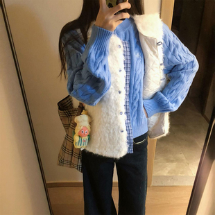 叠穿蓝色圆领麻花毛衣两件套装 法式 温柔多巴胺毛茸茸背心马甲开衫