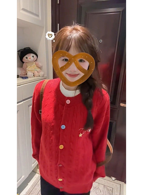 2026新年甜妹氛围感红色麻花针织毛衣开衫休闲风宽松长袖套头上衣