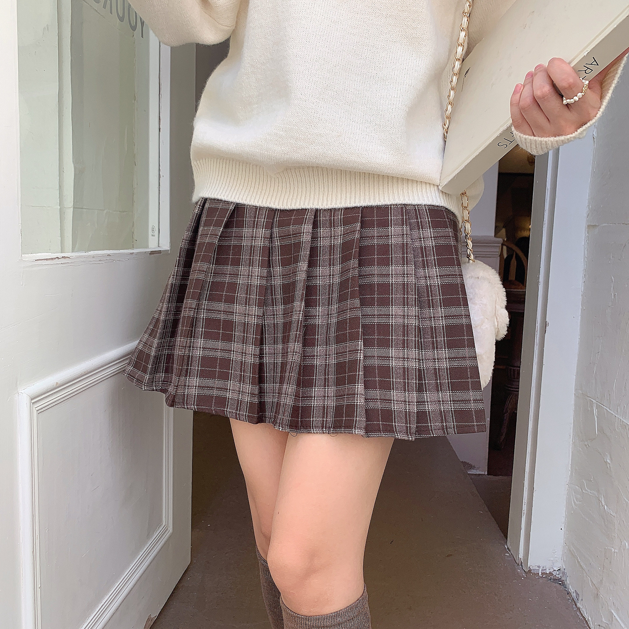 PEACH桃子语 学院风减龄百褶少女高腰显瘦遮肚百搭a型格子半身裙