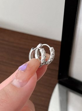 S925纯银圈圈带钻耳环小圆圈新款气质网红色镶钻简约圆环耳扣式韩